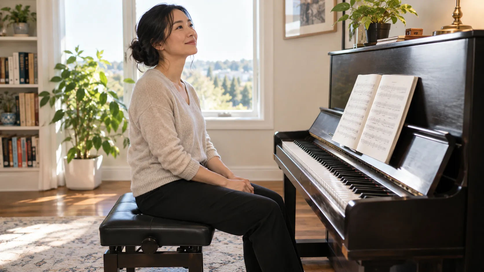 Pianist resting her hands in her lap during a break at an upright piano in a bright room