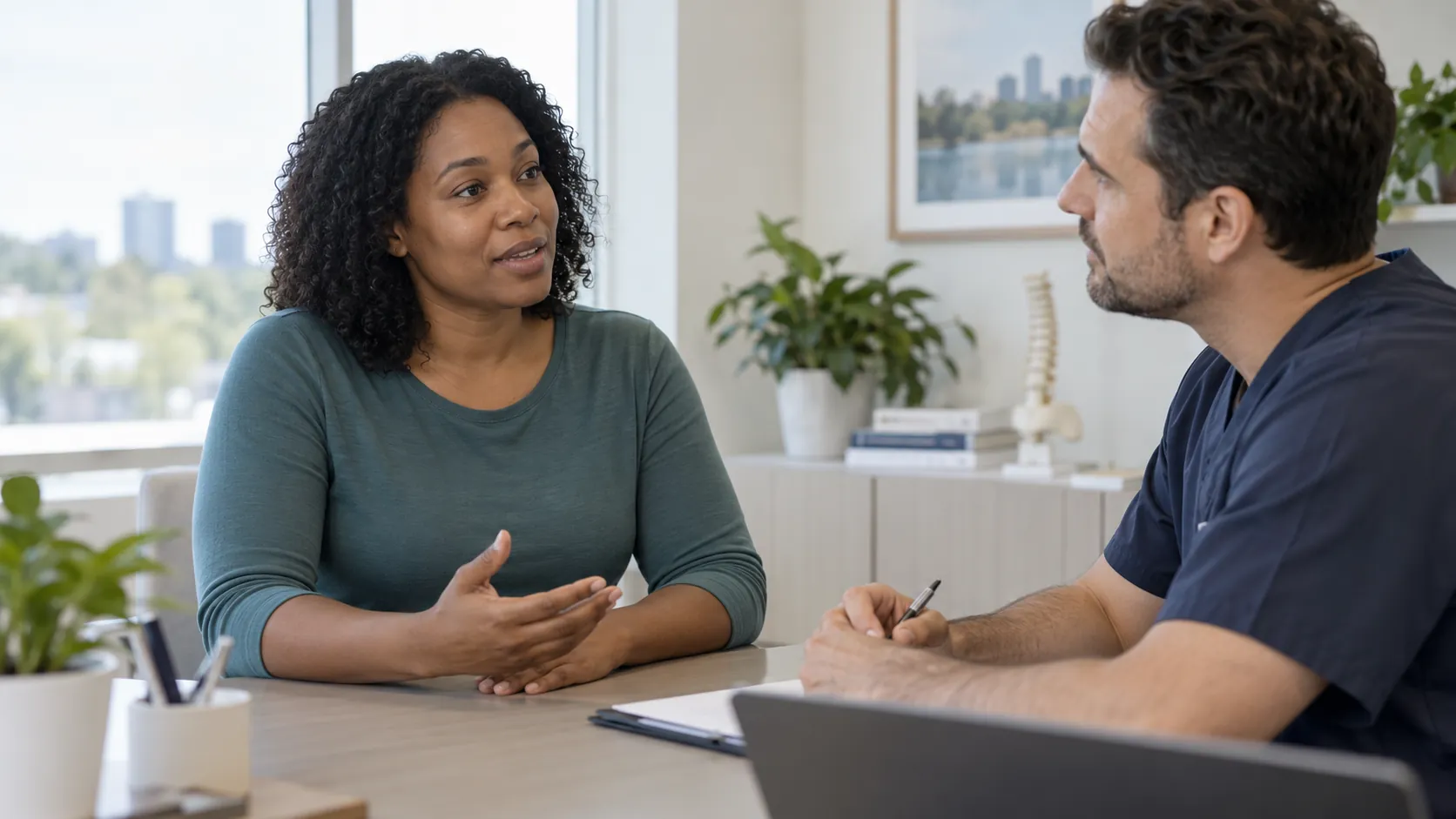 Woman discussing arm symptoms with a listening clinician at a consultation desk