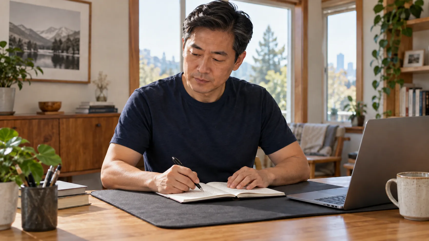 A man reviewing a notebook at a home desk with his forearms resting along a padded work surface.