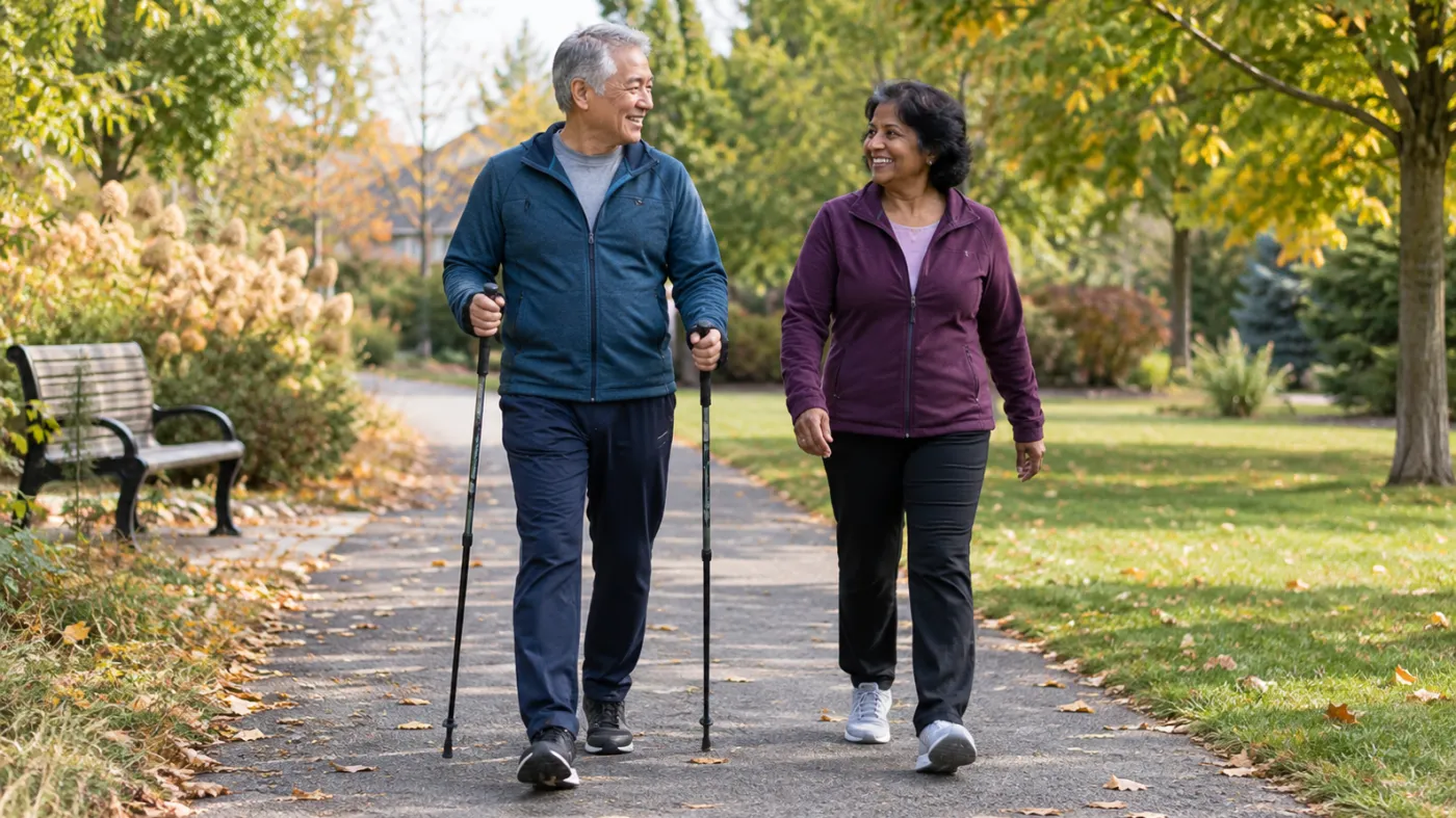 Two older adults walking comfortably together on a neighbourhood trail in Markham