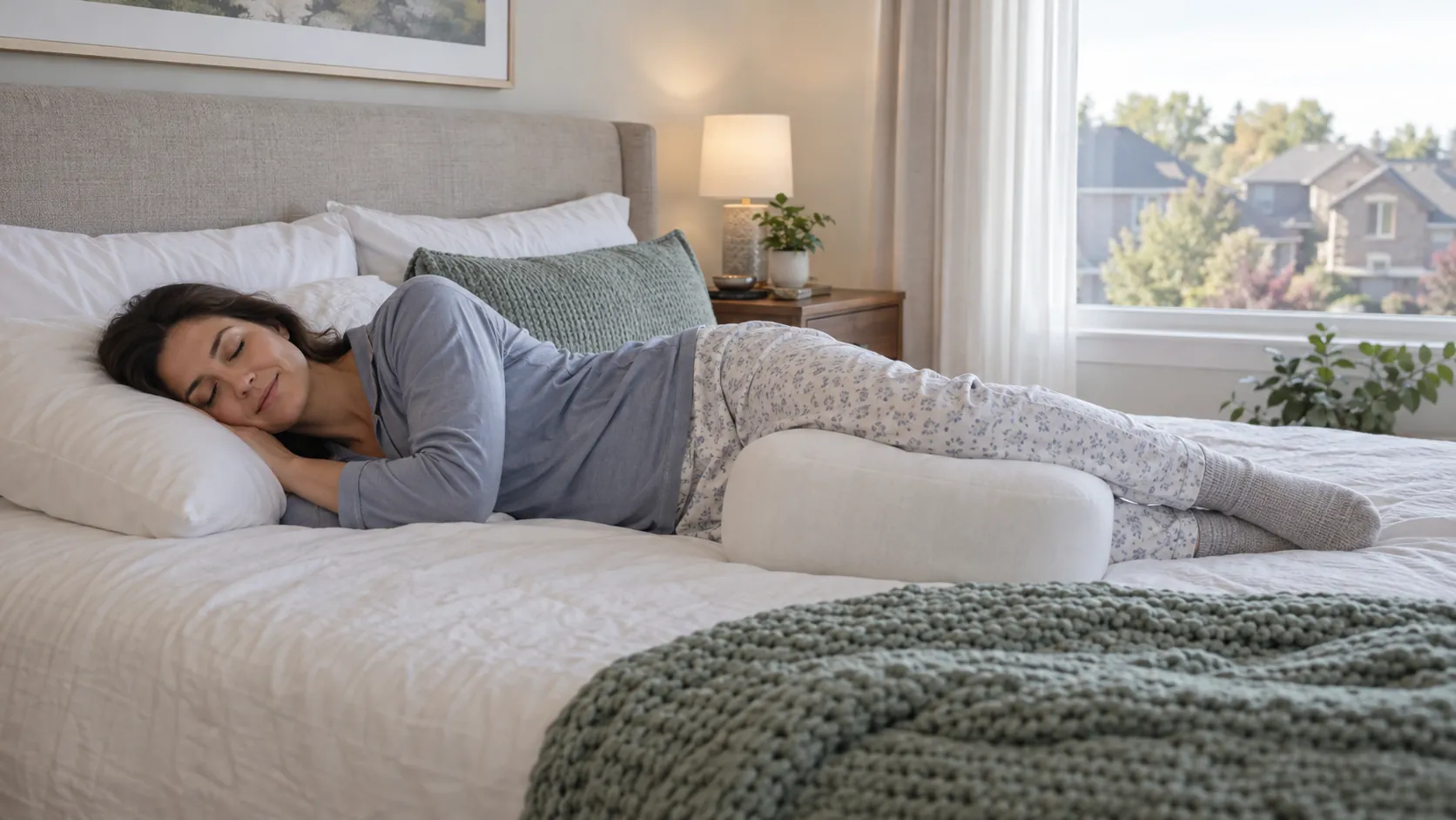 Woman resting on her side with a pillow supporting the space between her knees