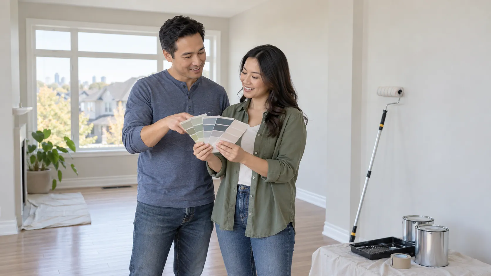 Two homeowners reviewing paint swatches in a cleared room with painting supplies nearby