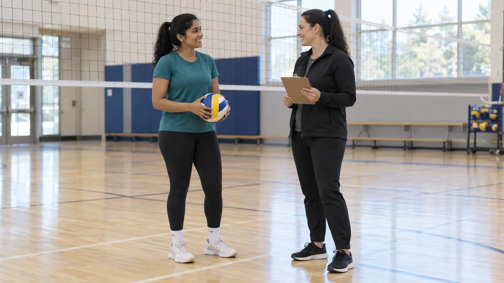 Volleyball player holding a ball while speaking with a coach beside an indoor net