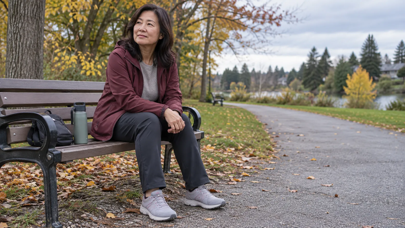 A woman in walking shoes taking a quiet break on a park bench beside a level path.