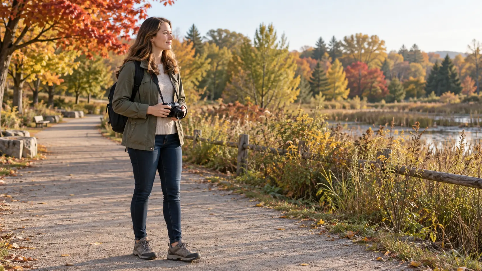 A woman on an autumn park path holding a small camera at waist height with a backpack on both shoulders.