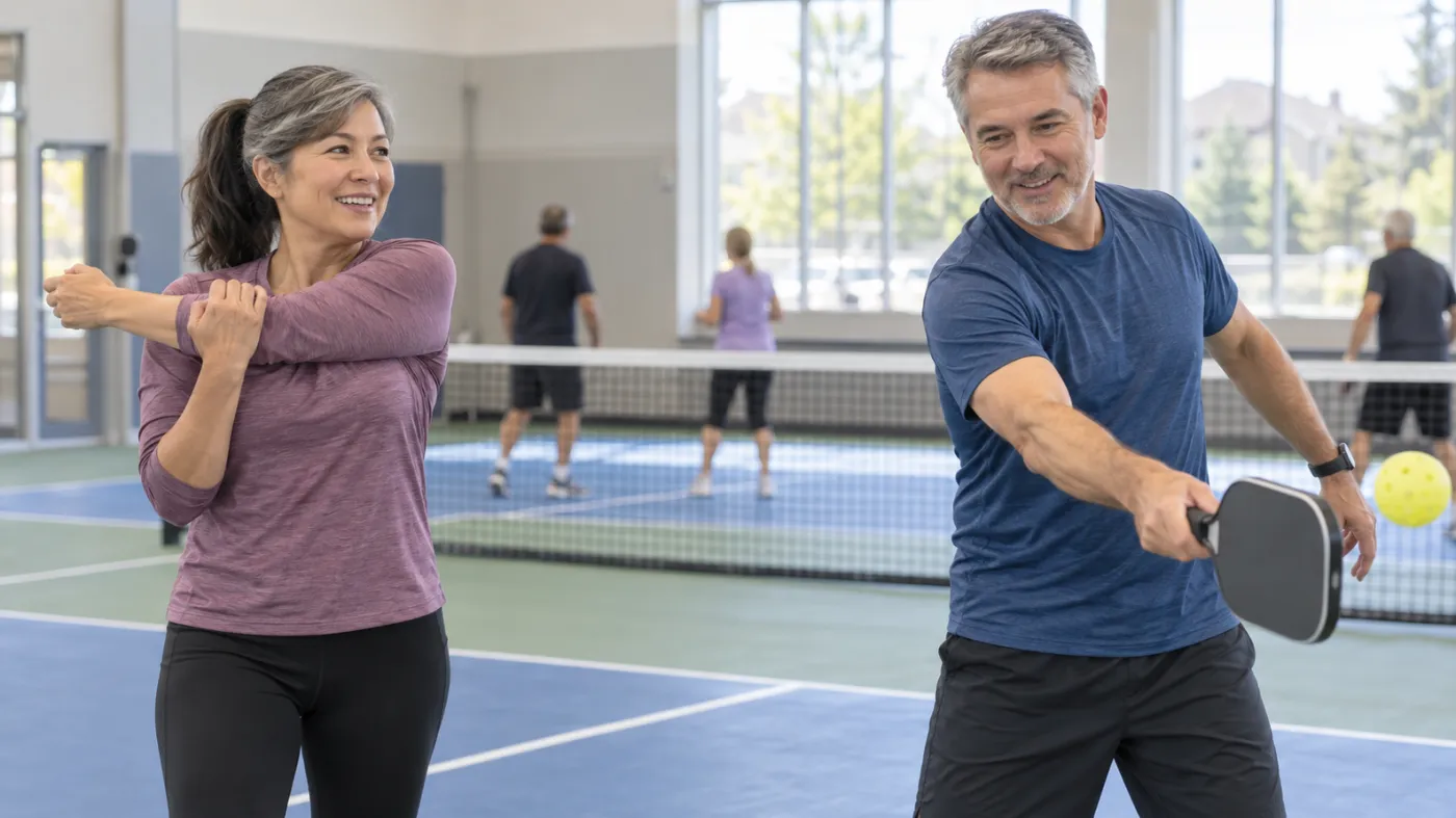Two adults warming up with a paddle on an indoor pickleball court in Markham