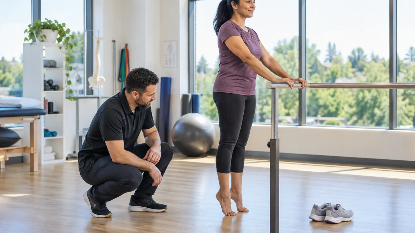 Adult performing a supported calf raise while a clinician observes foot control in Markham