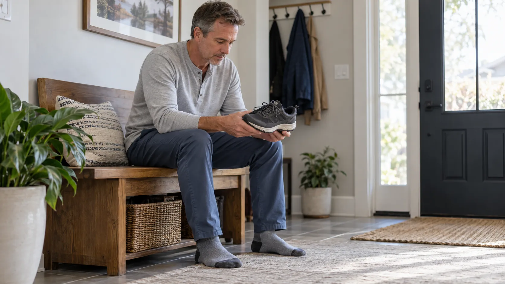 Man seated in a home entryway examining a walking shoe with his socked feet resting on the floor