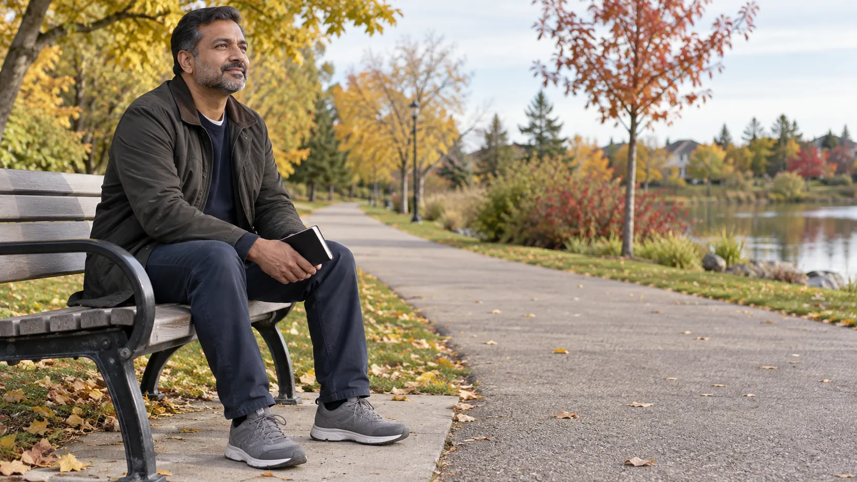 A man in walking shoes seated on a park bench beside a broad path with a notebook in his hands.