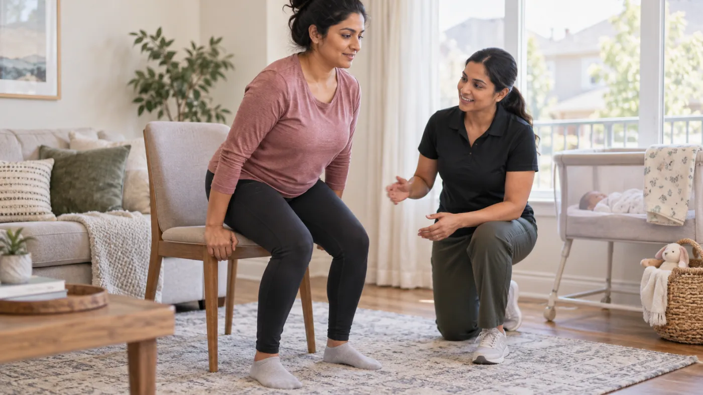 New mother practising a supported sit-to-stand with professional guidance in a Markham home
