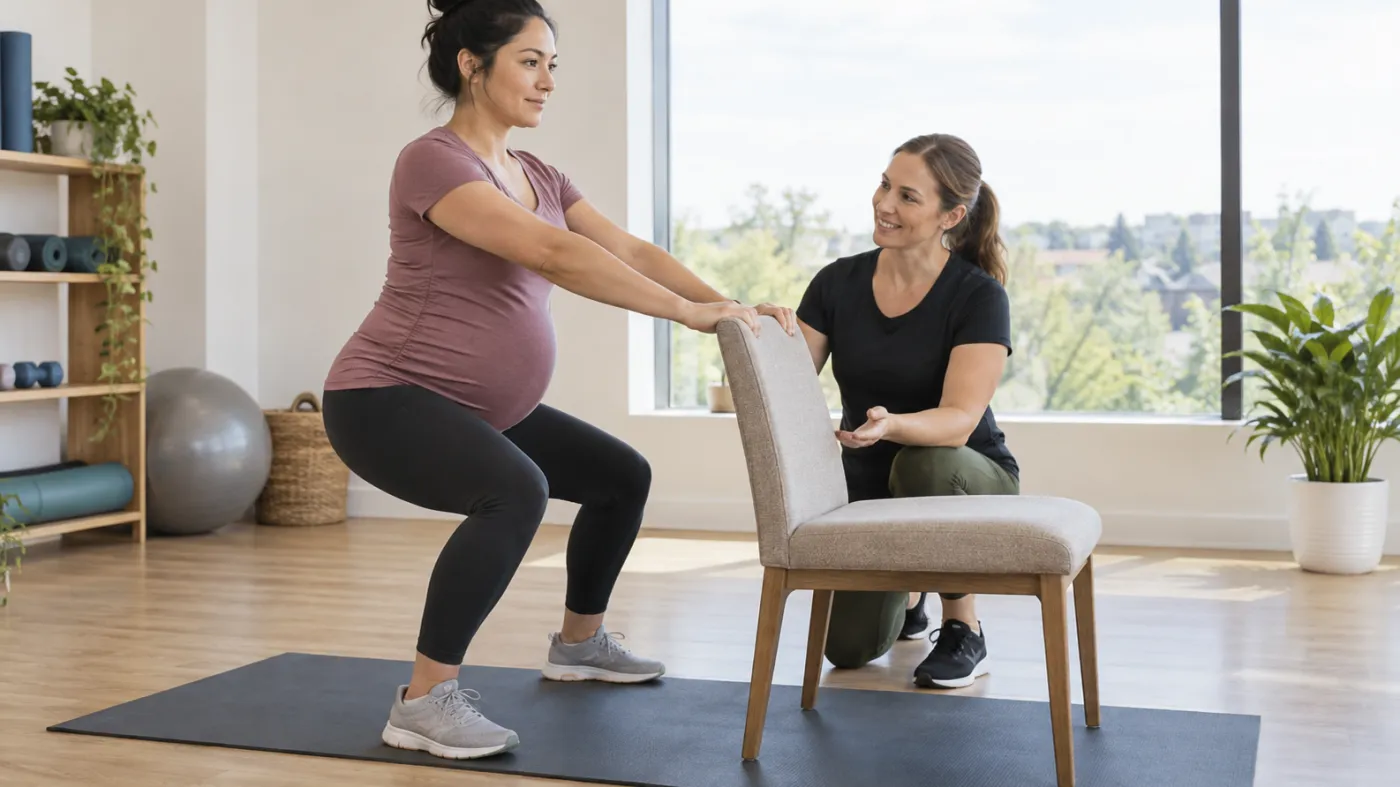 Pregnant adult performing a supported squat with a prenatal exercise professional in Markham