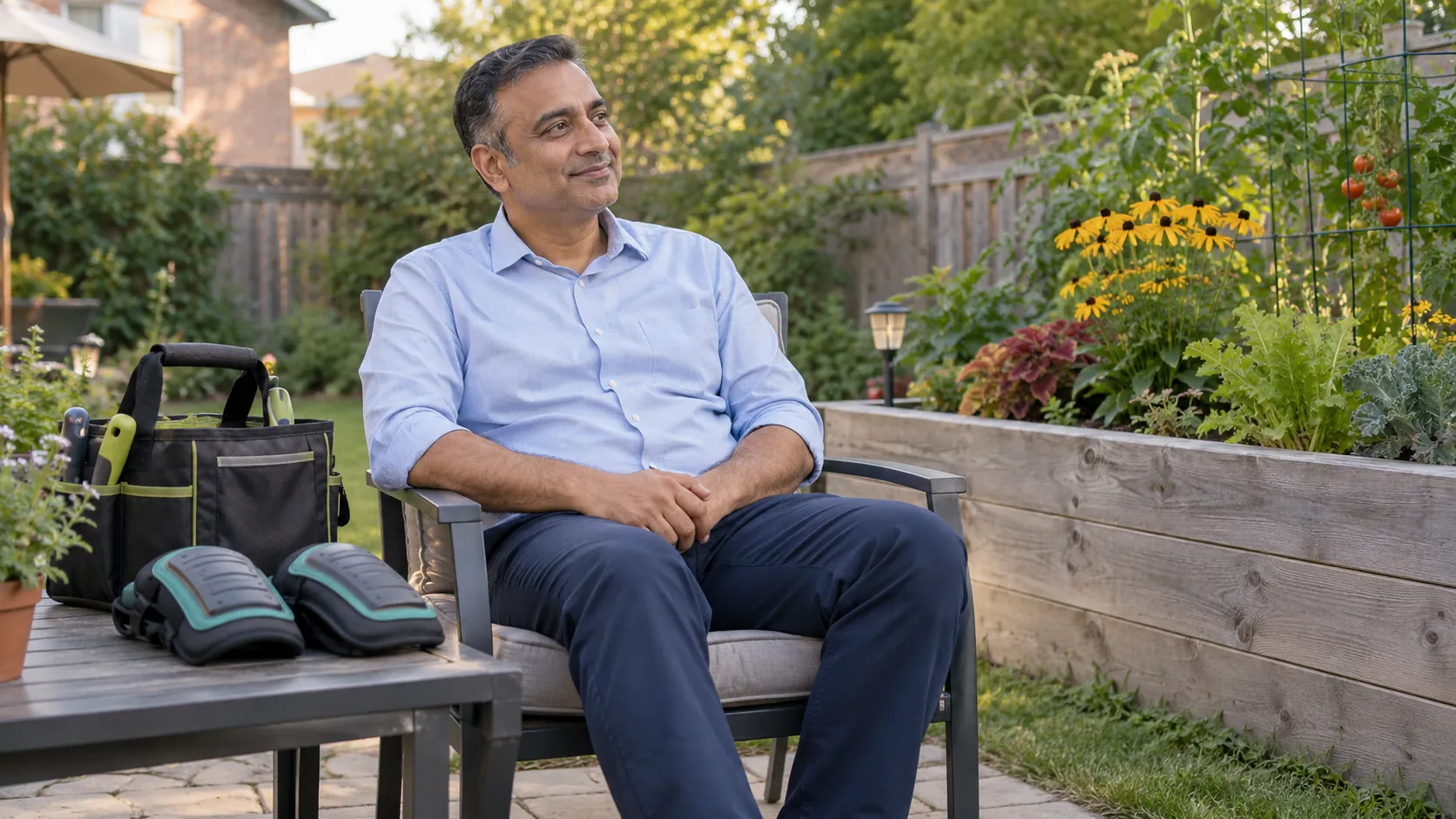 Man seated beside a raised garden planter with tools and unused knee pads nearby