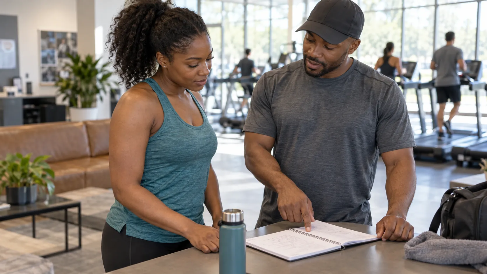 A recreational runner and coach review a training notebook at a counter in a bright community gym.