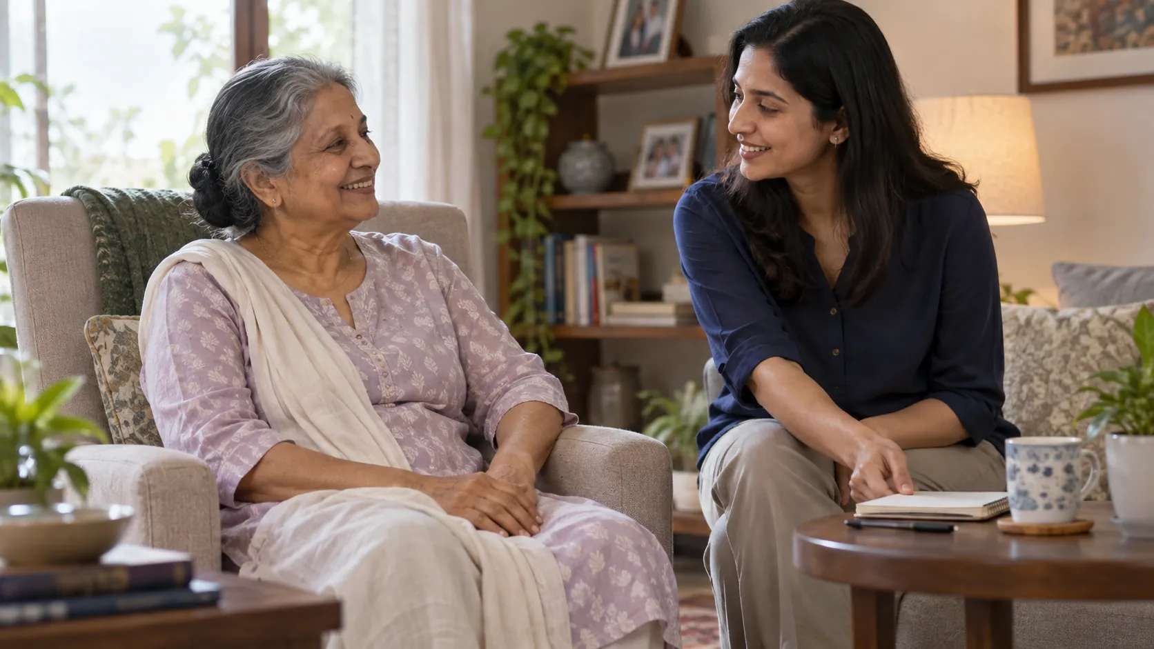 An older woman seated comfortably at home discussing a notebook with an adult family member.
