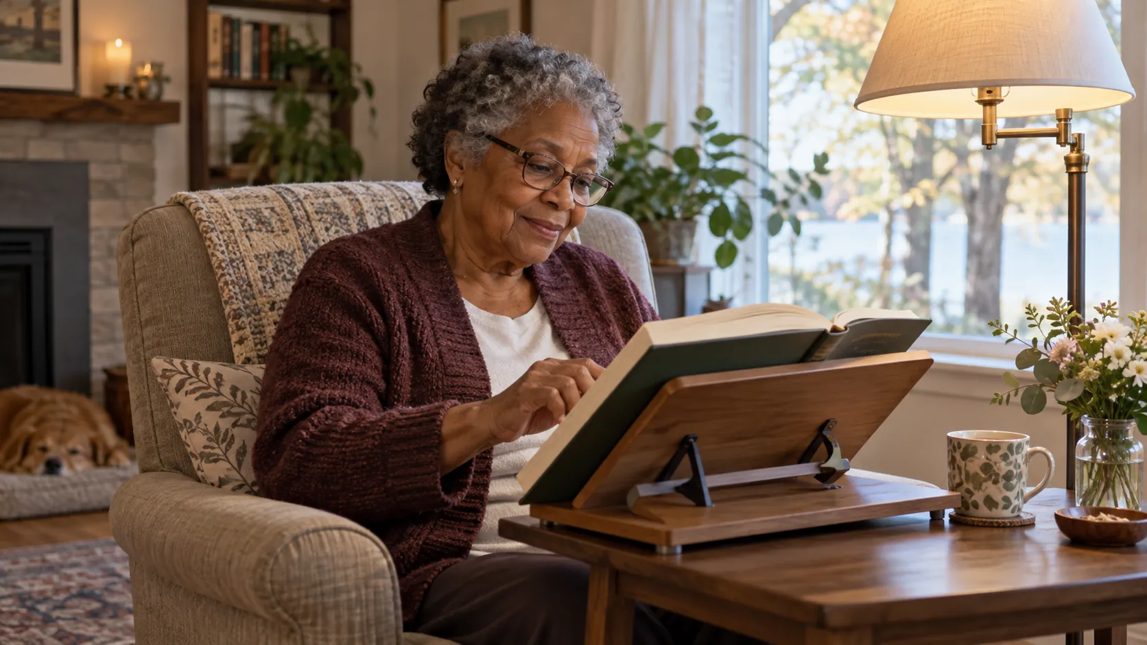 An older woman reads a book supported on an angled stand beside an armchair and a warm reading lamp.