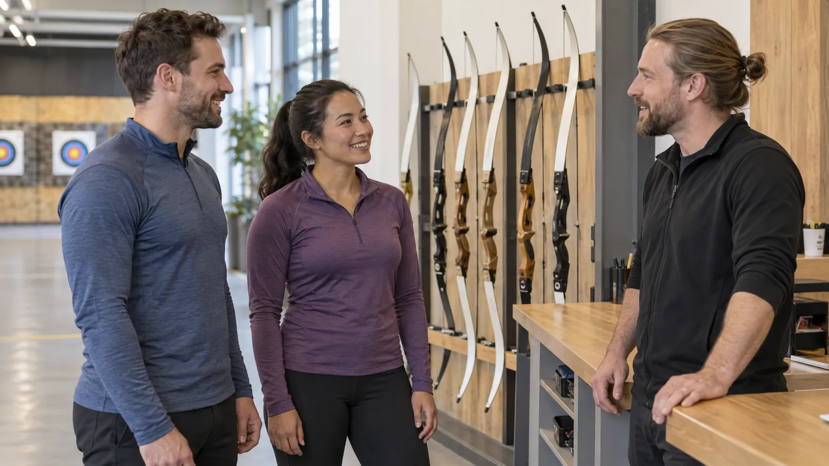 Two adult beginners speak with an archery instructor beside a rack of stored bows in an indoor facility.