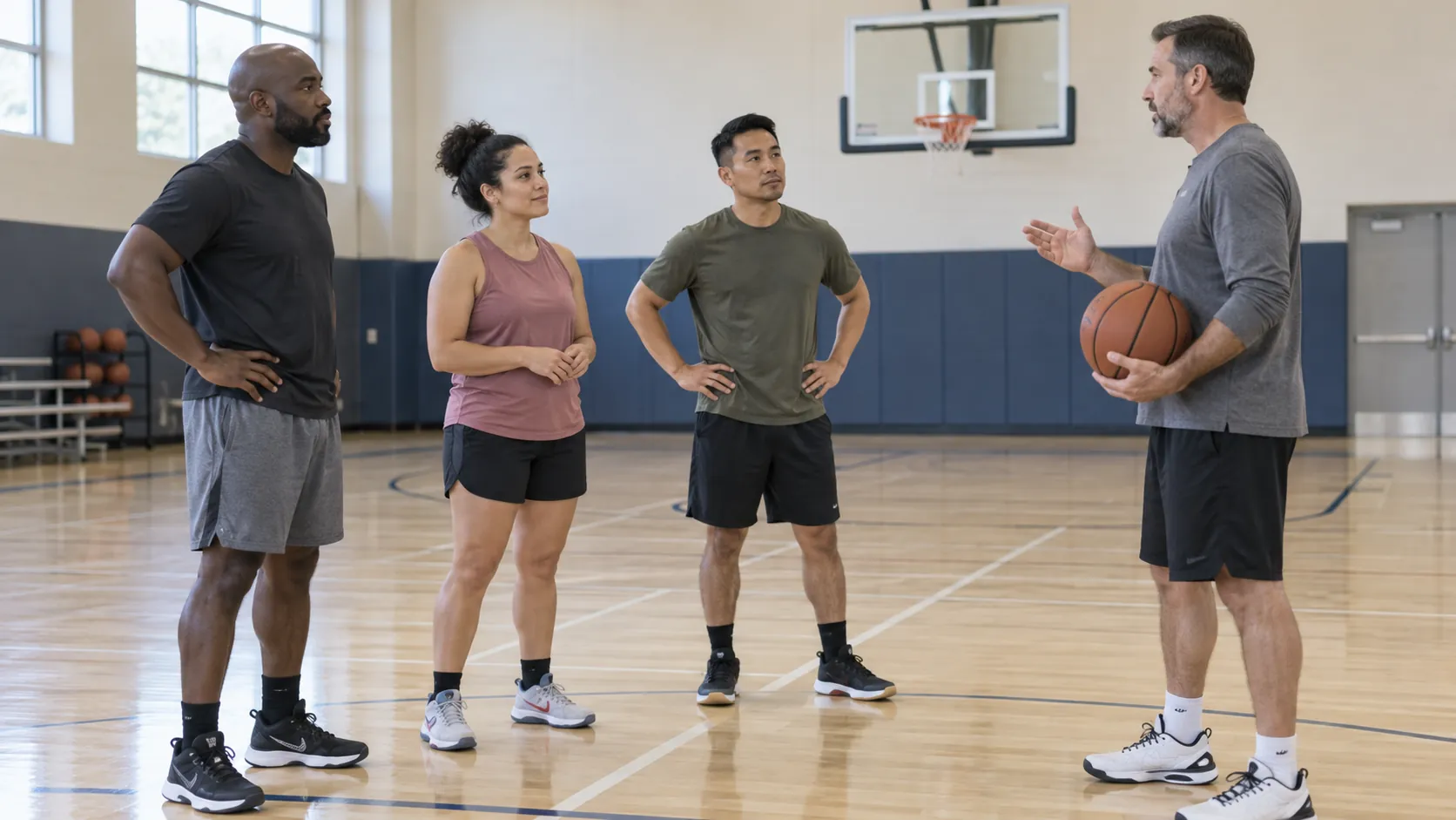 Three adults on an indoor basketball court listening to a coach holding a basketball at waist height.