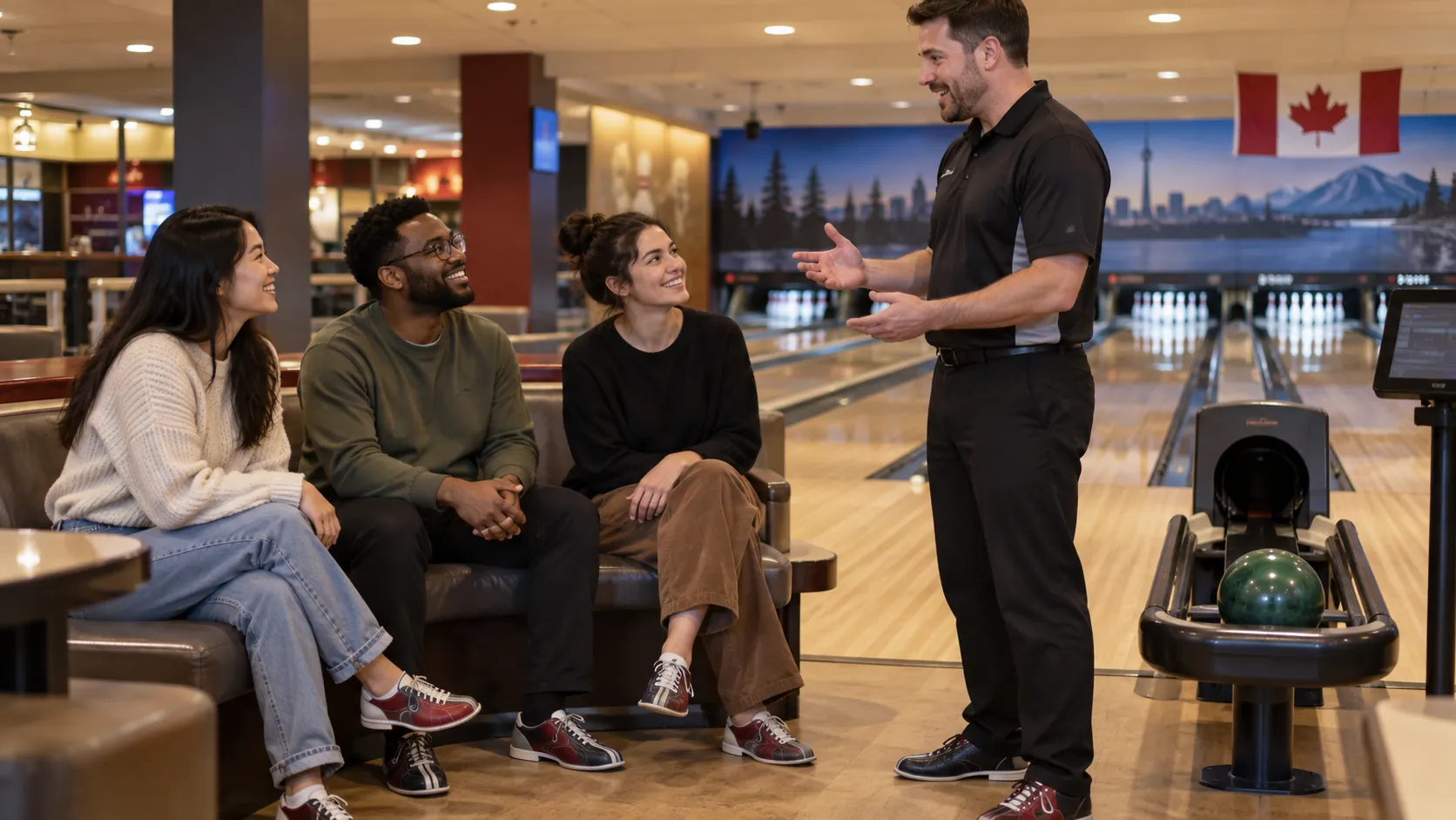 Three adults seated beside bowling lanes listening to a staff member with a ball resting in the return rack.