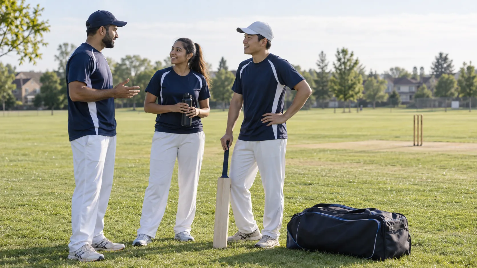Three adult recreational cricket players preparing on a green field beside a bat and equipment bag