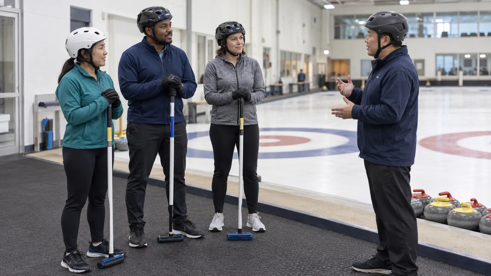 Adult curling learners wearing helmets and holding brushes while listening to an instructor beside the ice