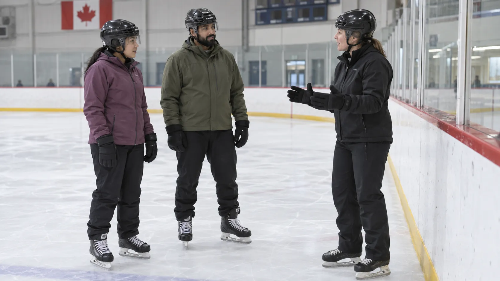 Two adult beginners wearing fastened hockey helmets and gloves listening to an instructor beside the boards of an indoor rink.