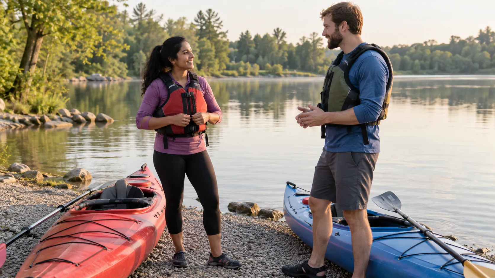 Two adults wearing fastened flotation devices discussing an outing beside kayaks on a calm lakeshore