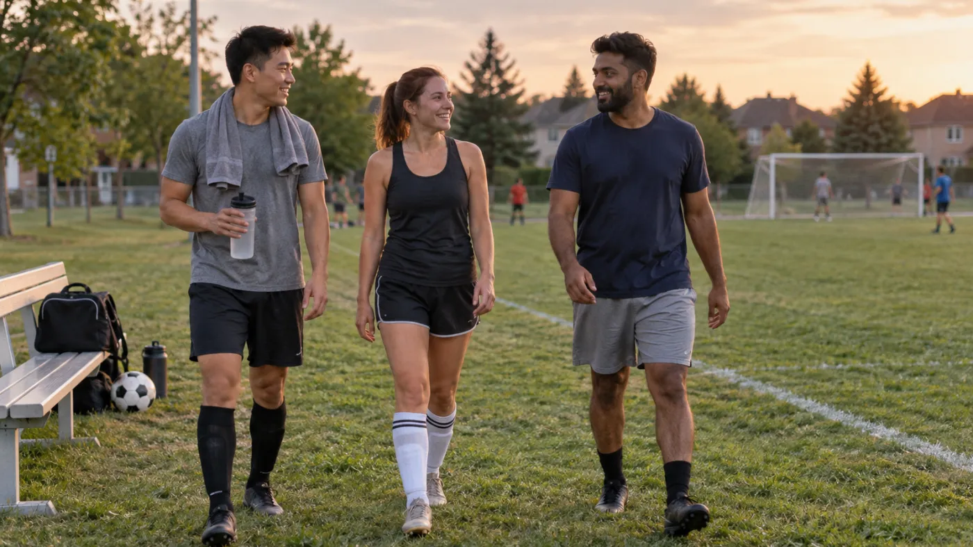 Three recreational soccer players cooling down together after a match in Markham