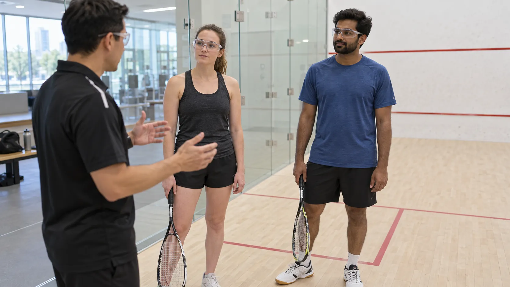 Two adults wearing protective squash goggles and holding racquets at their sides while listening to an instructor beside a court.