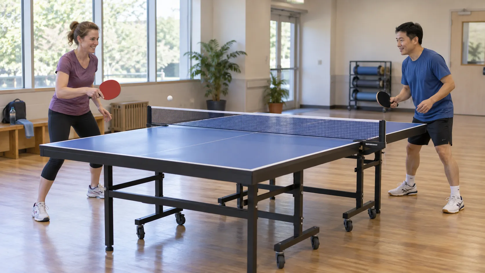 Two adults practising table tennis in a bright recreation room with clear space around the blue table.
