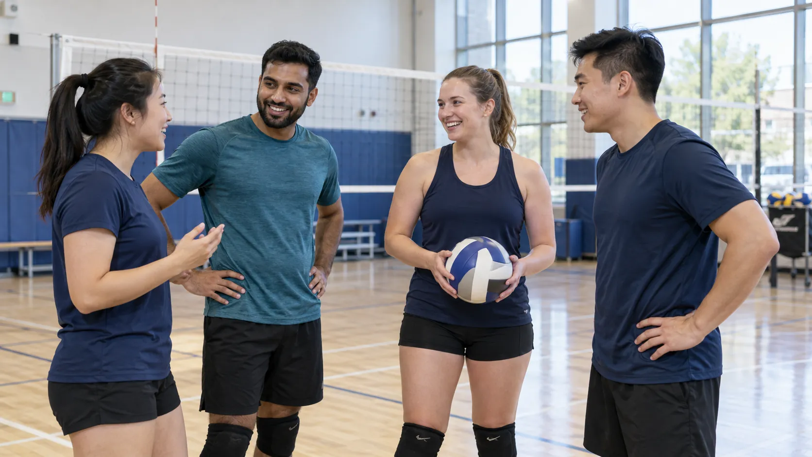 Four adult volleyball players talking beside a community gym court before practice