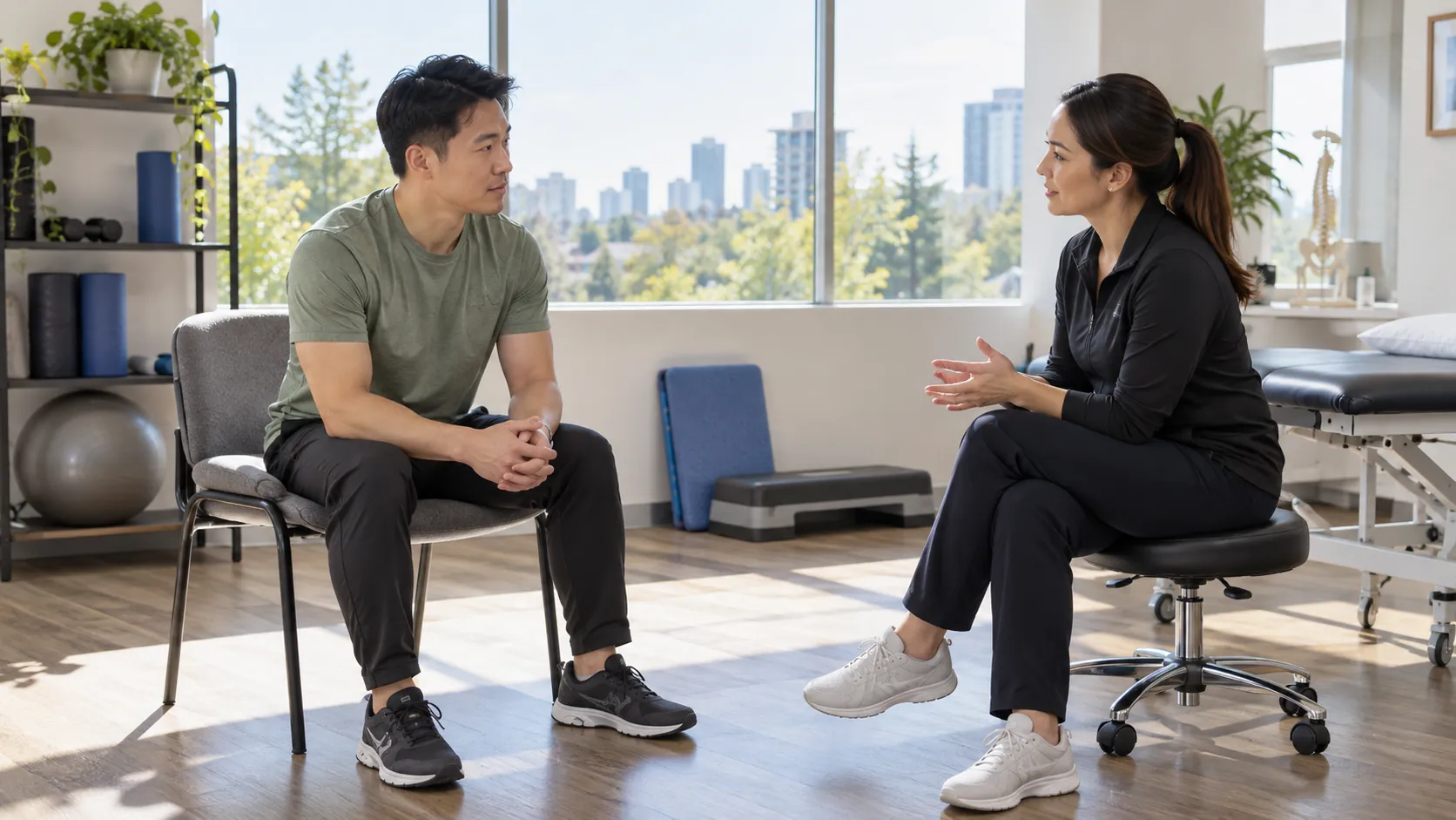 Man discussing ankle concerns with a clinician in a bright rehabilitation consultation room