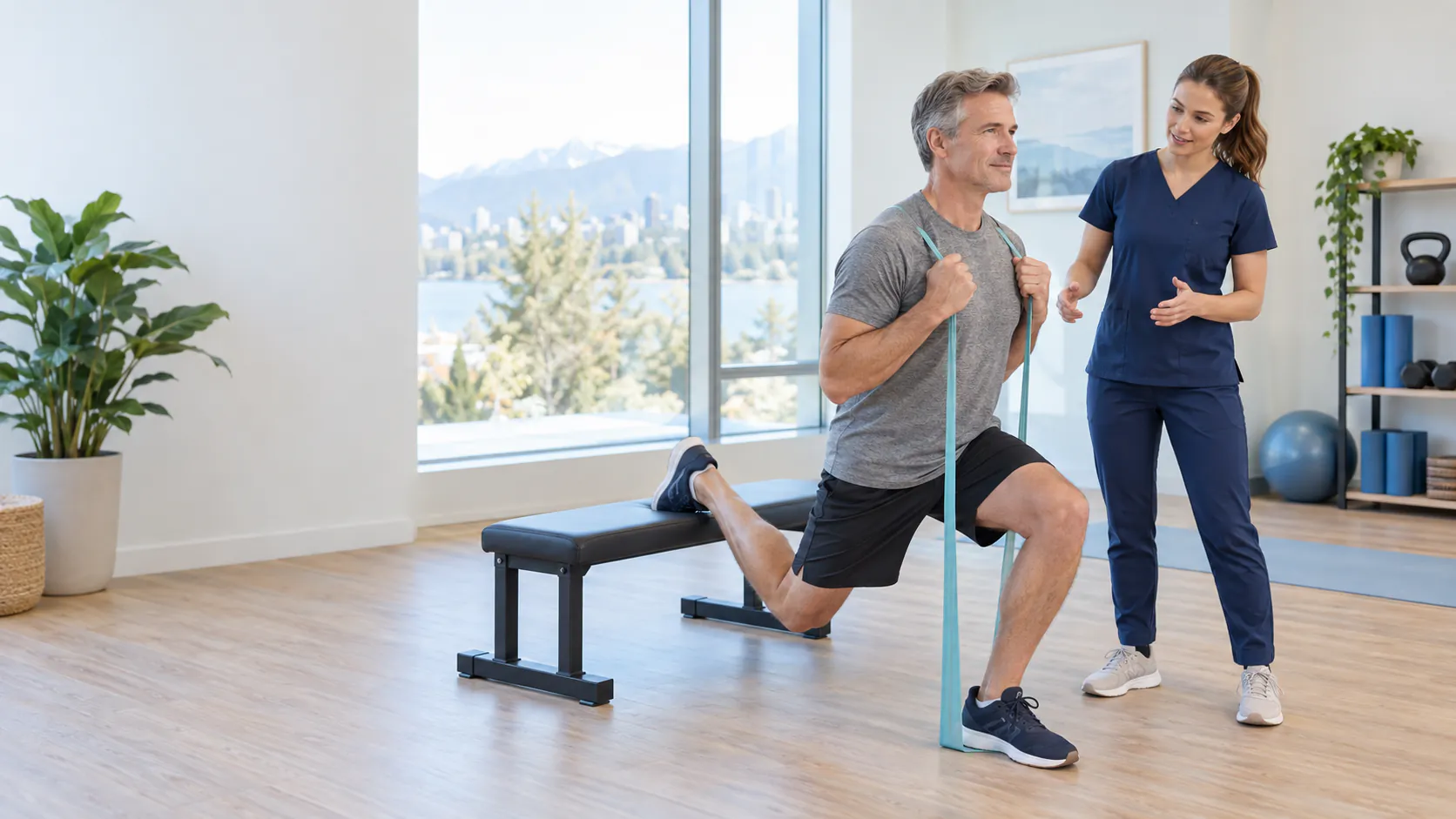 A clinician coaching a patient through a controlled resistance-band exercise