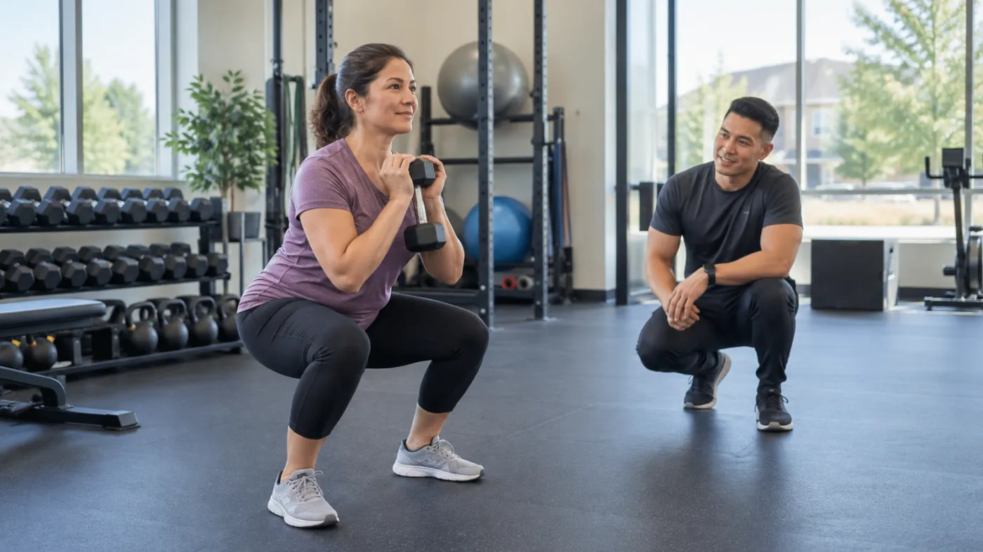 Adult performing a light controlled squat with a trainer in a Markham fitness centre