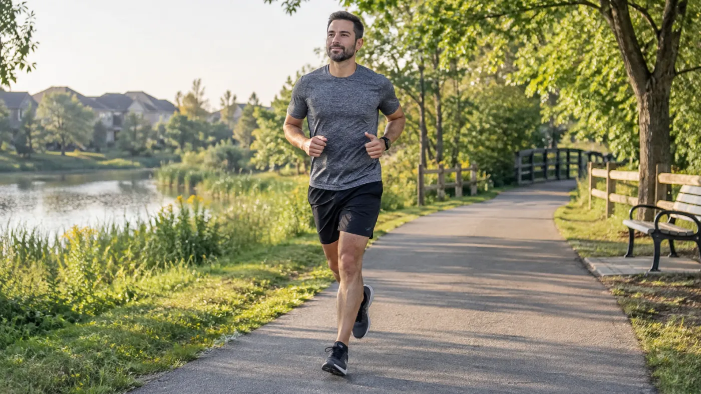 Recreational runner moving at an easy pace on a paved trail in Markham