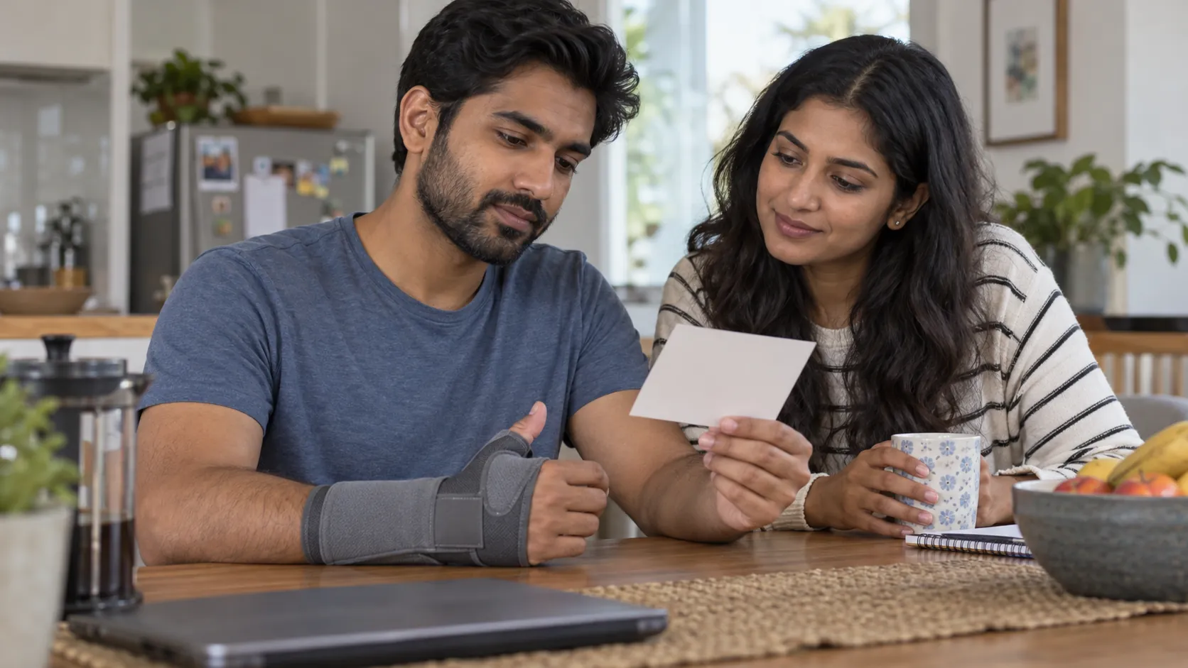 A man wearing a wrist and thumb splint reviewing an appointment card at a kitchen table with a family member.