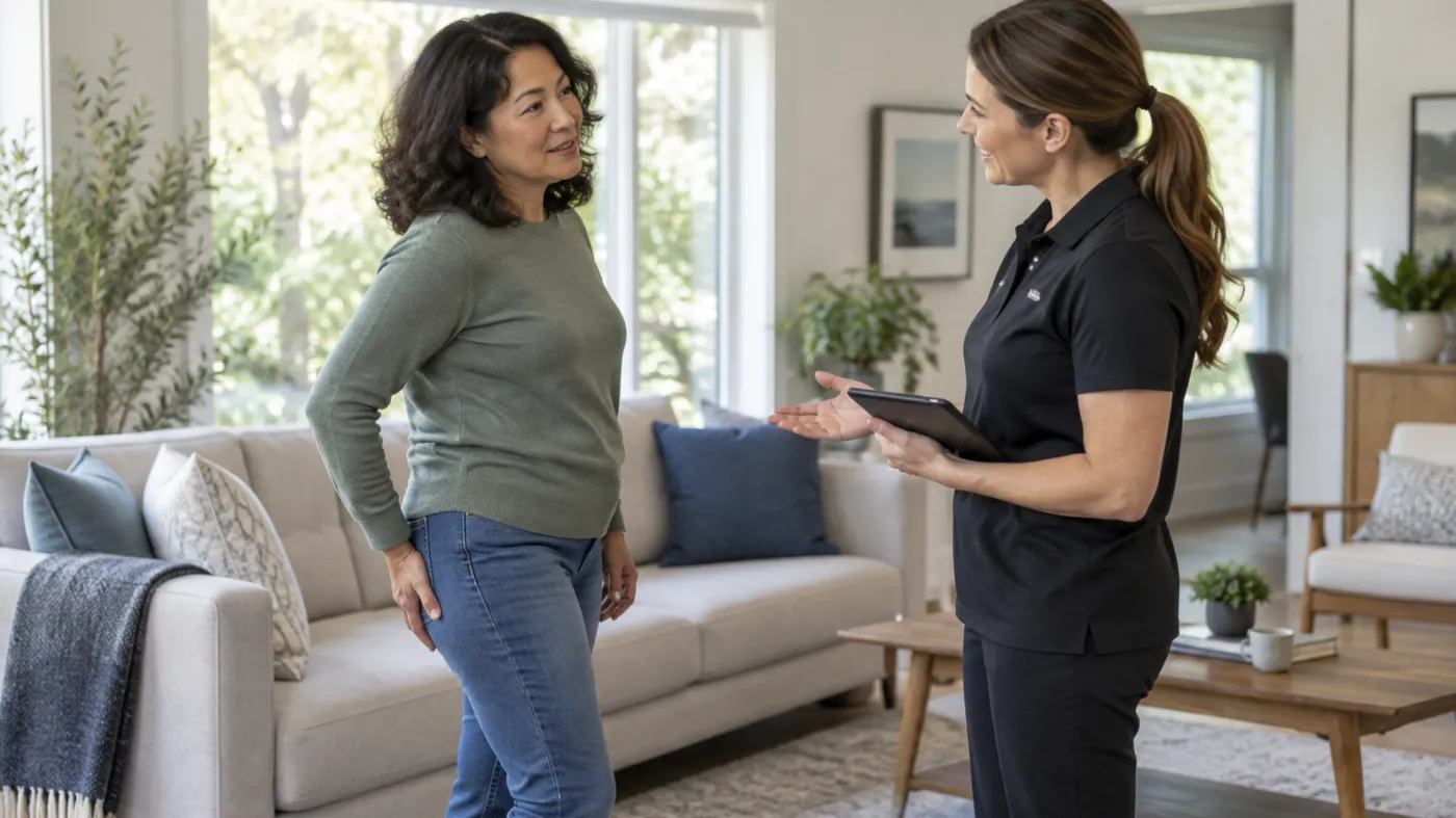 Adult discussing radiating leg symptoms with a healthcare professional in a Markham home