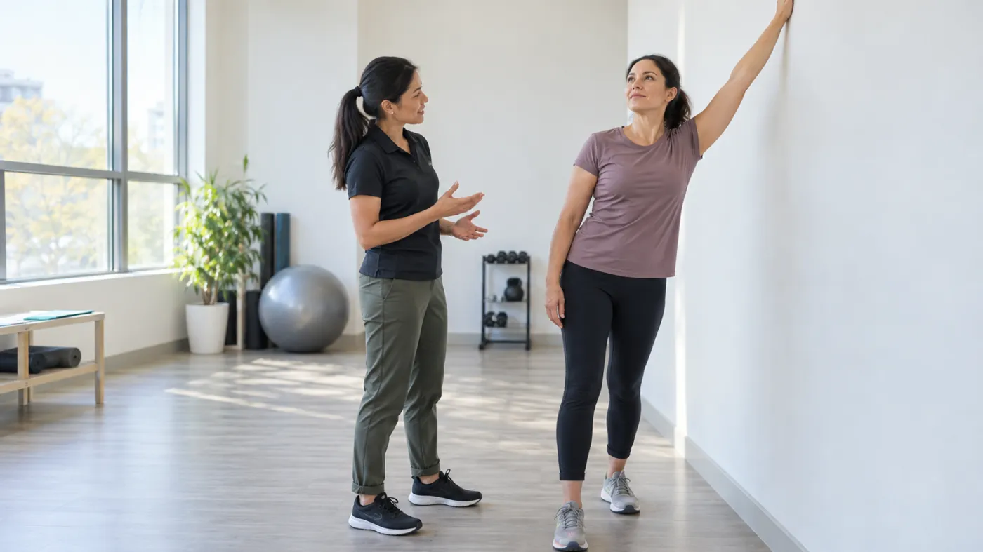 Adult practising a comfortable standing reach-and-breath exercise with clinician guidance in Markham