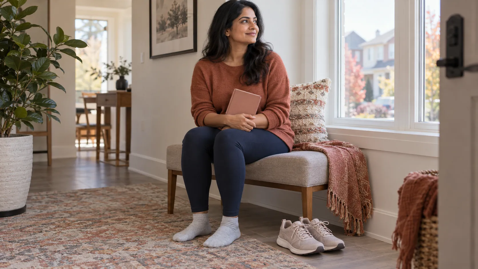 A woman seated on a home bench holding a notebook, with socked feet on the floor and walking shoes nearby.