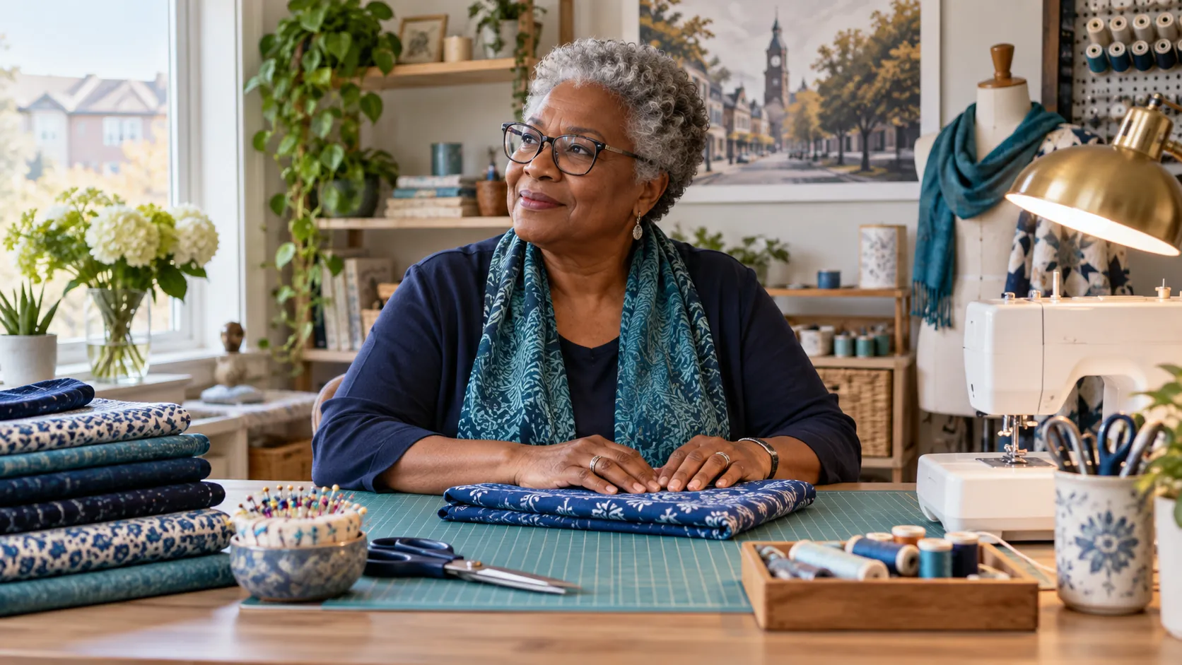 Woman pausing at an organized sewing table with folded fabric, a task lamp, and a sewing machine