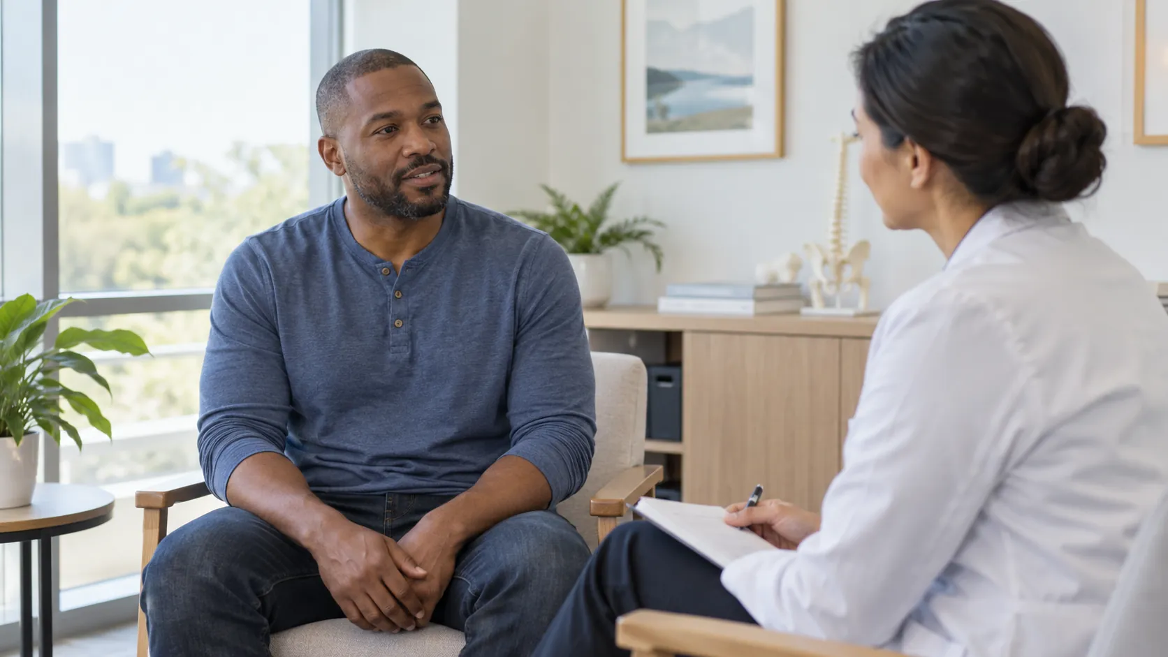 Man seated with relaxed arms while discussing a concern with a healthcare professional