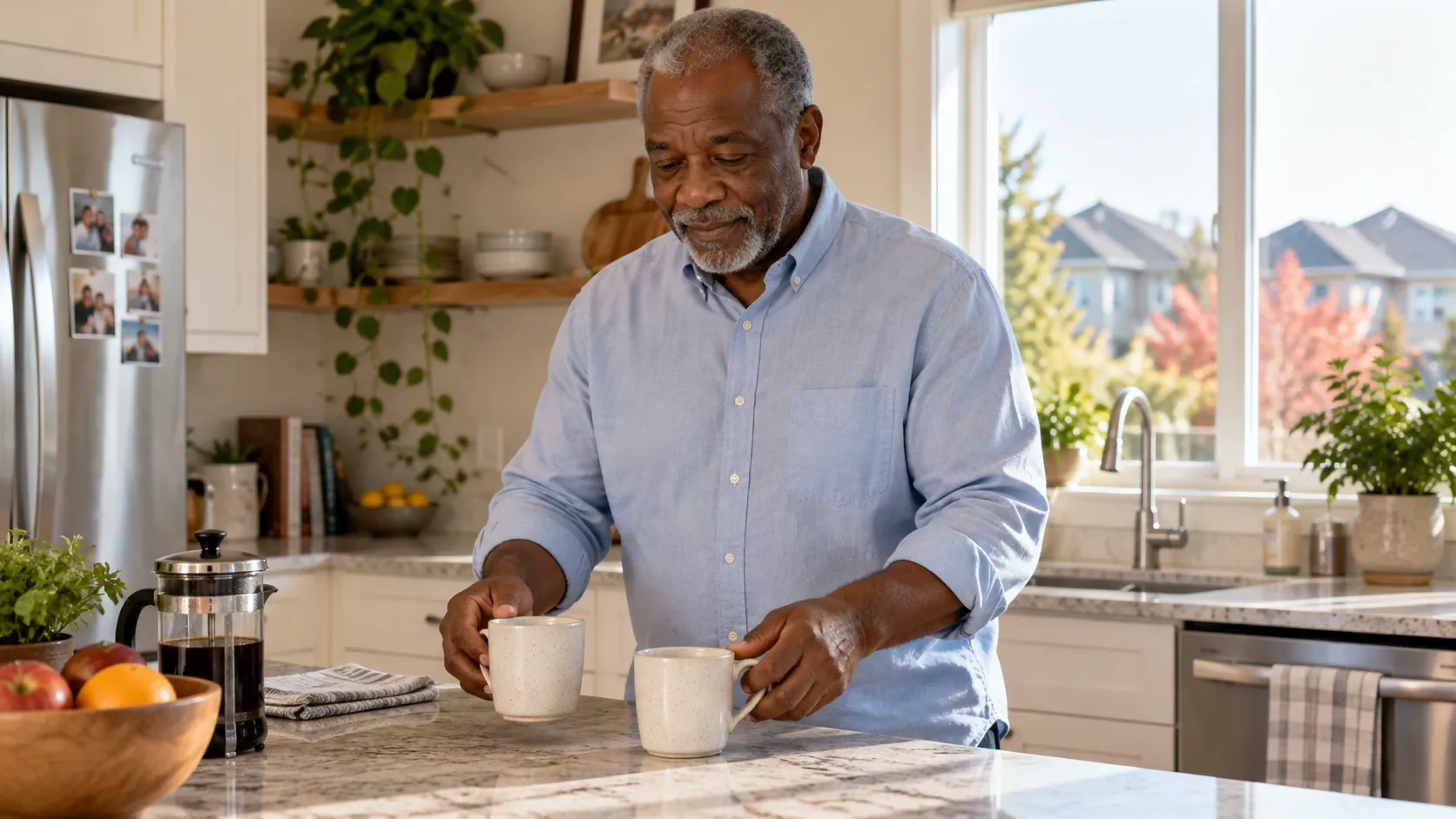 Older man arranging two ceramic cups on a bright kitchen counter at a comfortable height