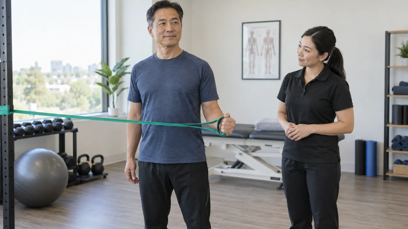 Adult performing a resistance-band shoulder exercise while a clinician observes in Markham