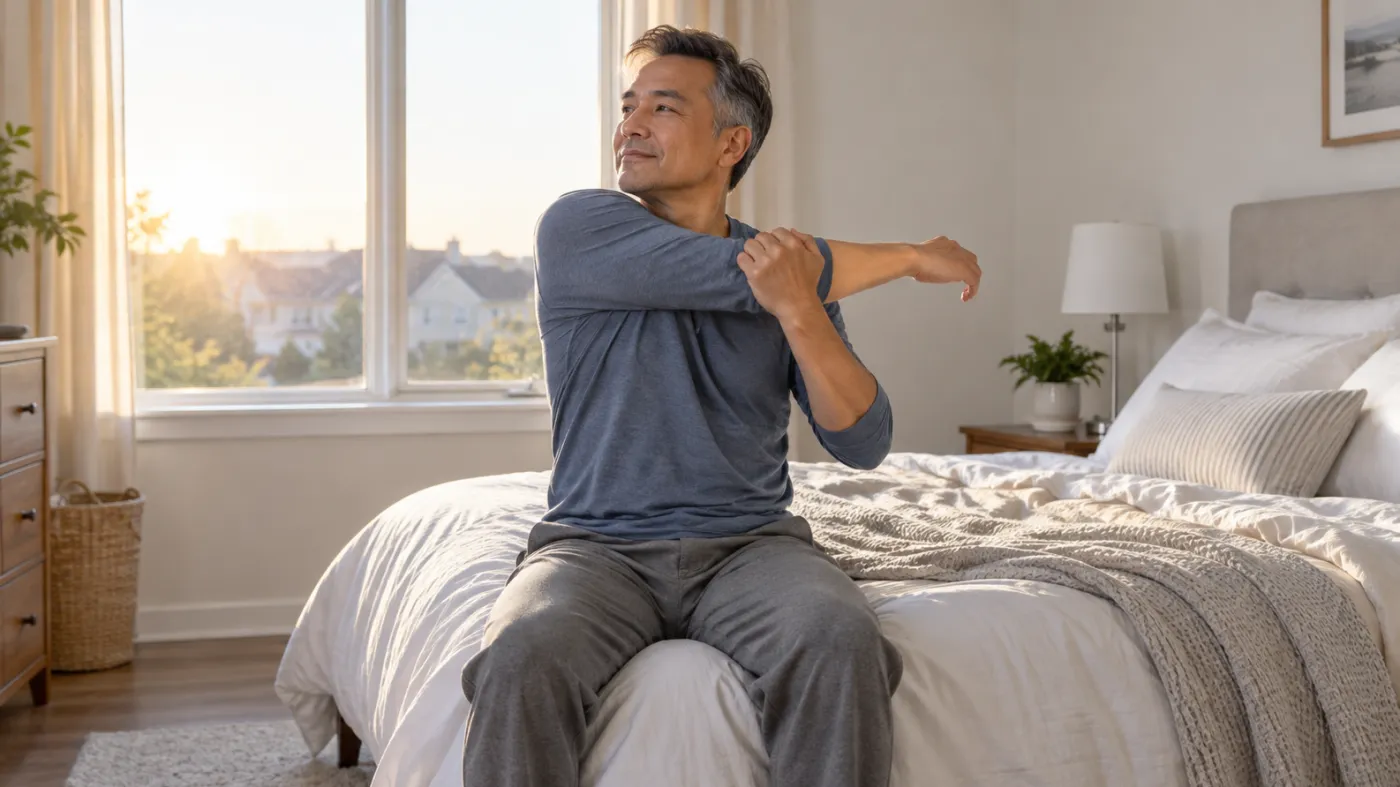 Adult beginning a gentle morning movement while seated beside a bed in Markham