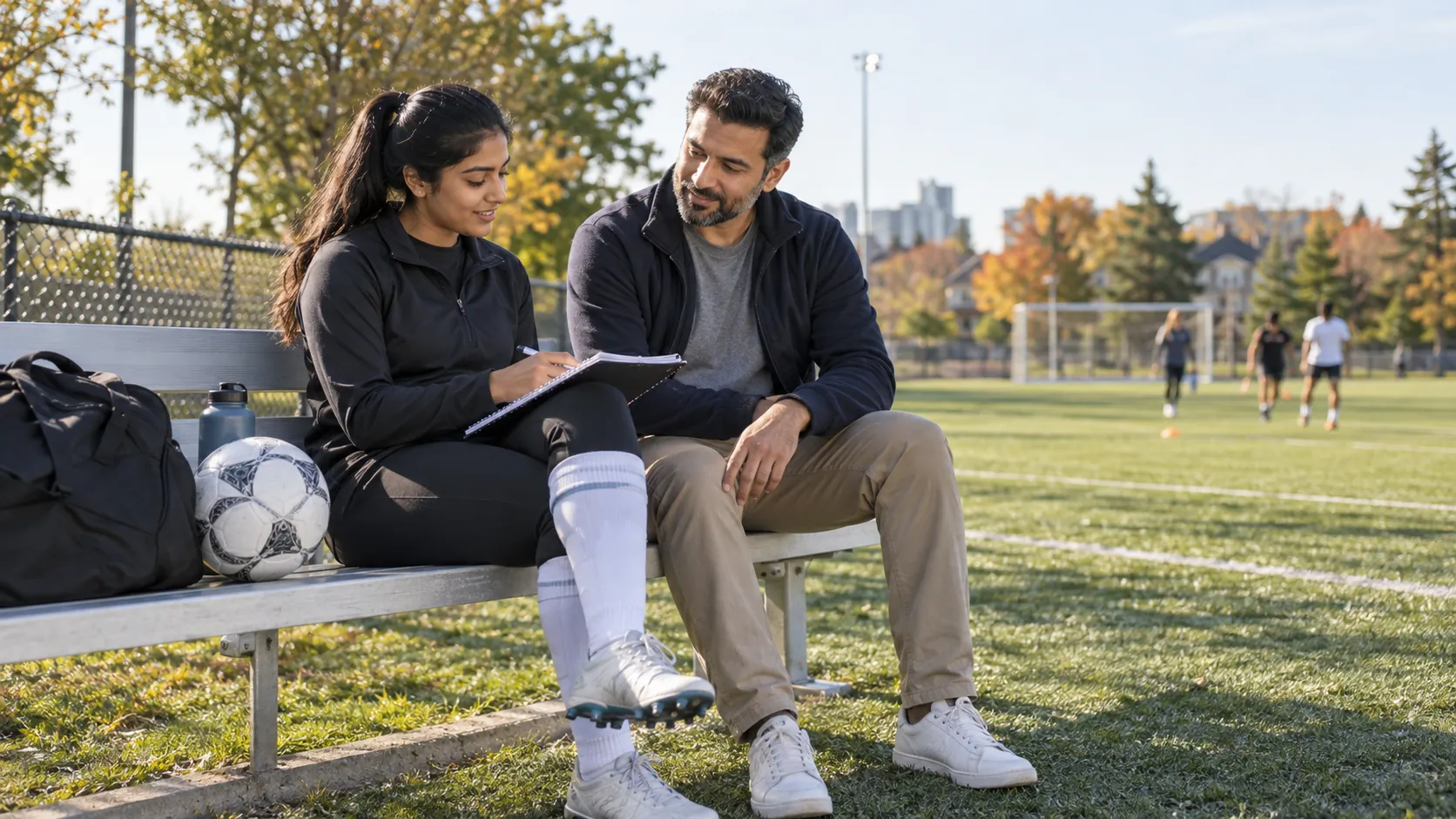 Recreational soccer player and coach reviewing a notebook while seated beside a playing field