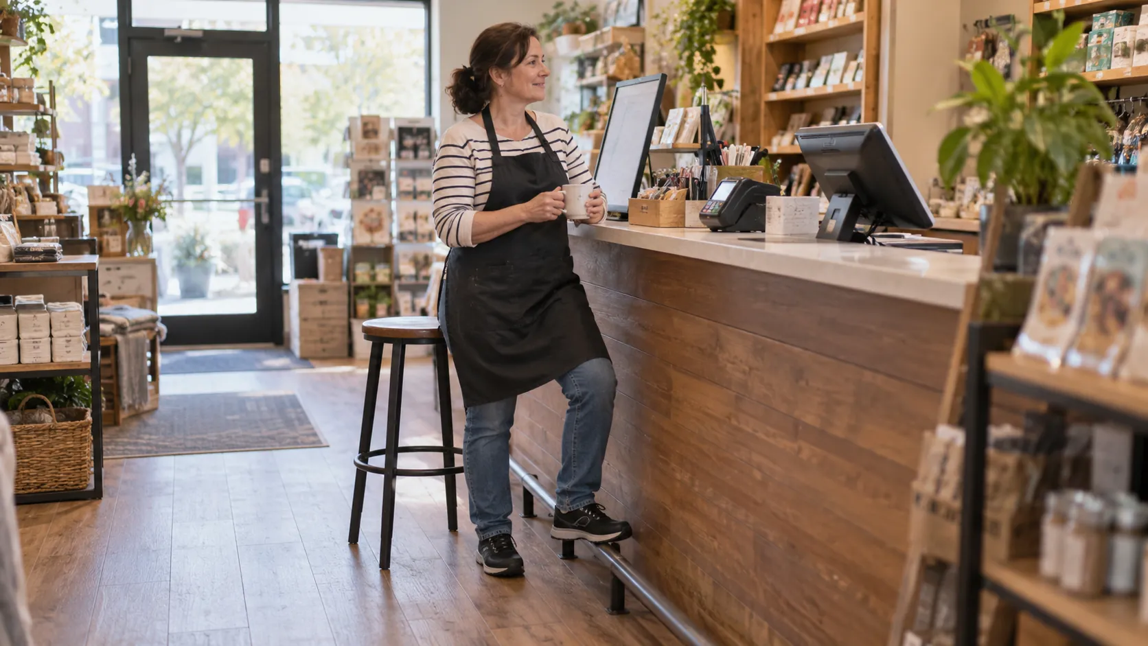 Retail worker beside a checkout counter with an available stool and low foot rail