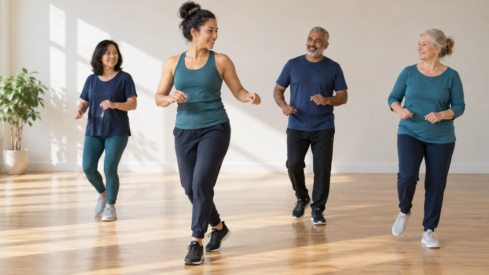 Three adult beginners following an instructor through an easy step in a bright dance studio