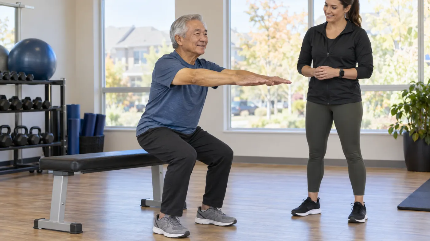 Older adult practising a controlled sit-to-stand with an exercise professional in Markham