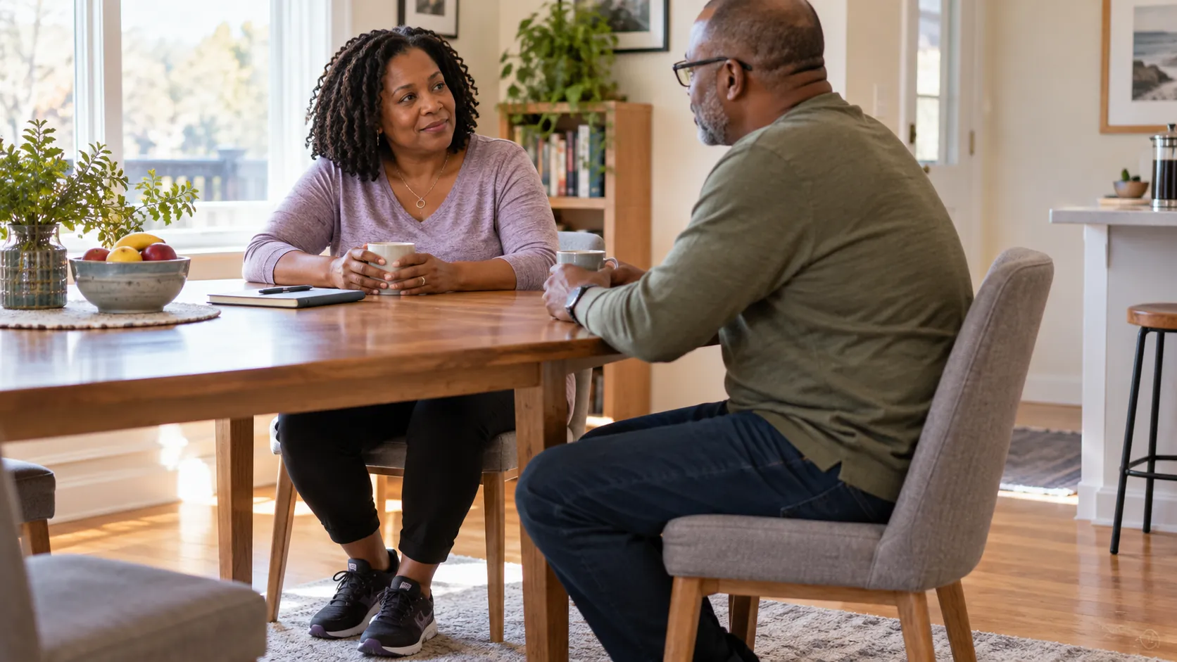 A woman wearing walking shoes sits at a kitchen table discussing her daily routine with her partner.