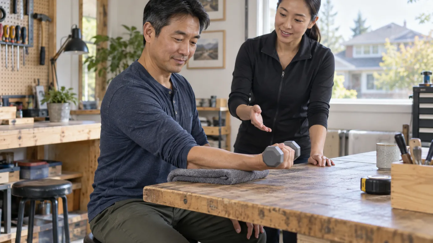 Adult performing a supported wrist-strengthening exercise with professional guidance in Markham