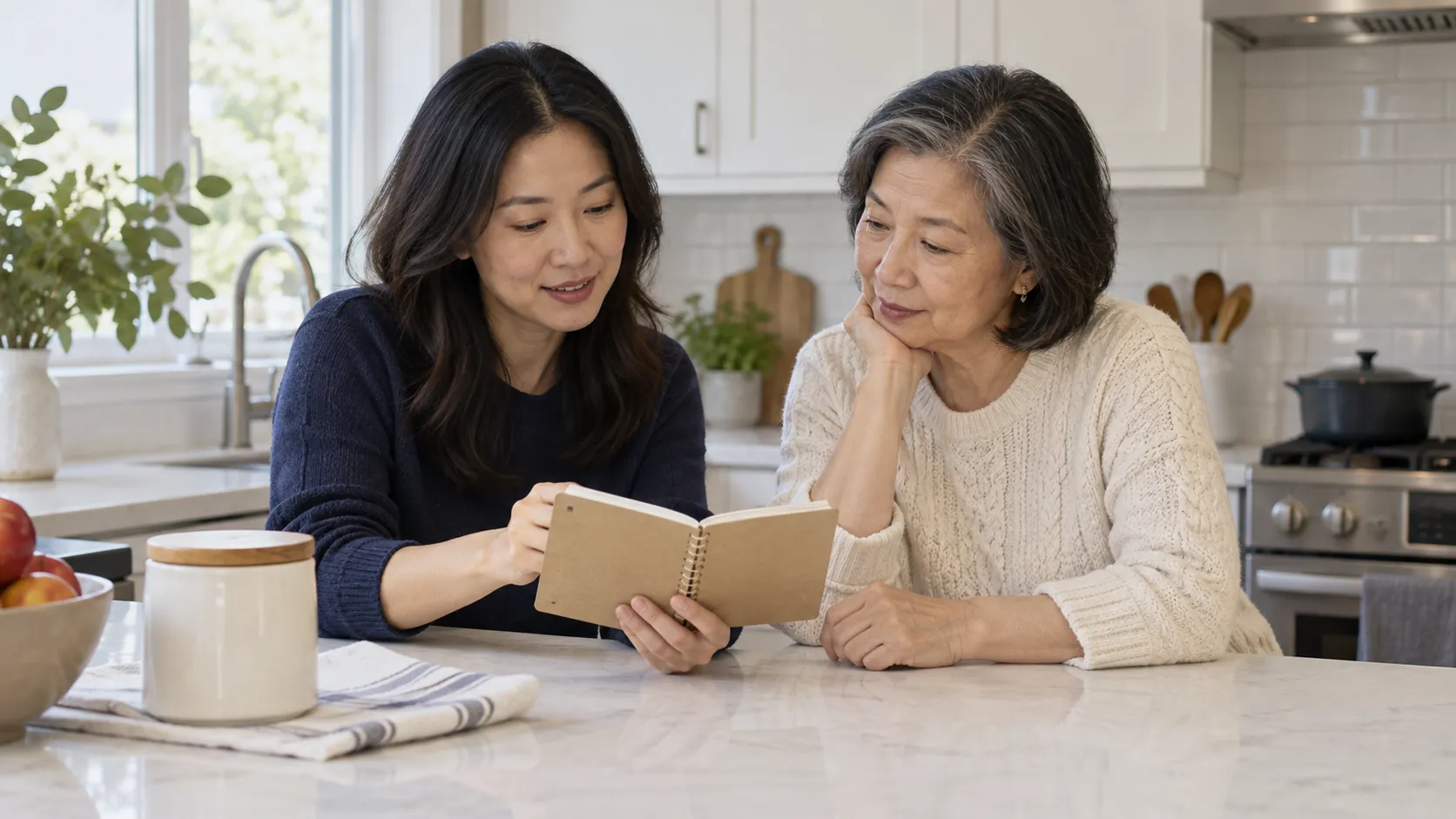 Two women review a notebook at a kitchen counter with a closed jar and folded towel nearby.